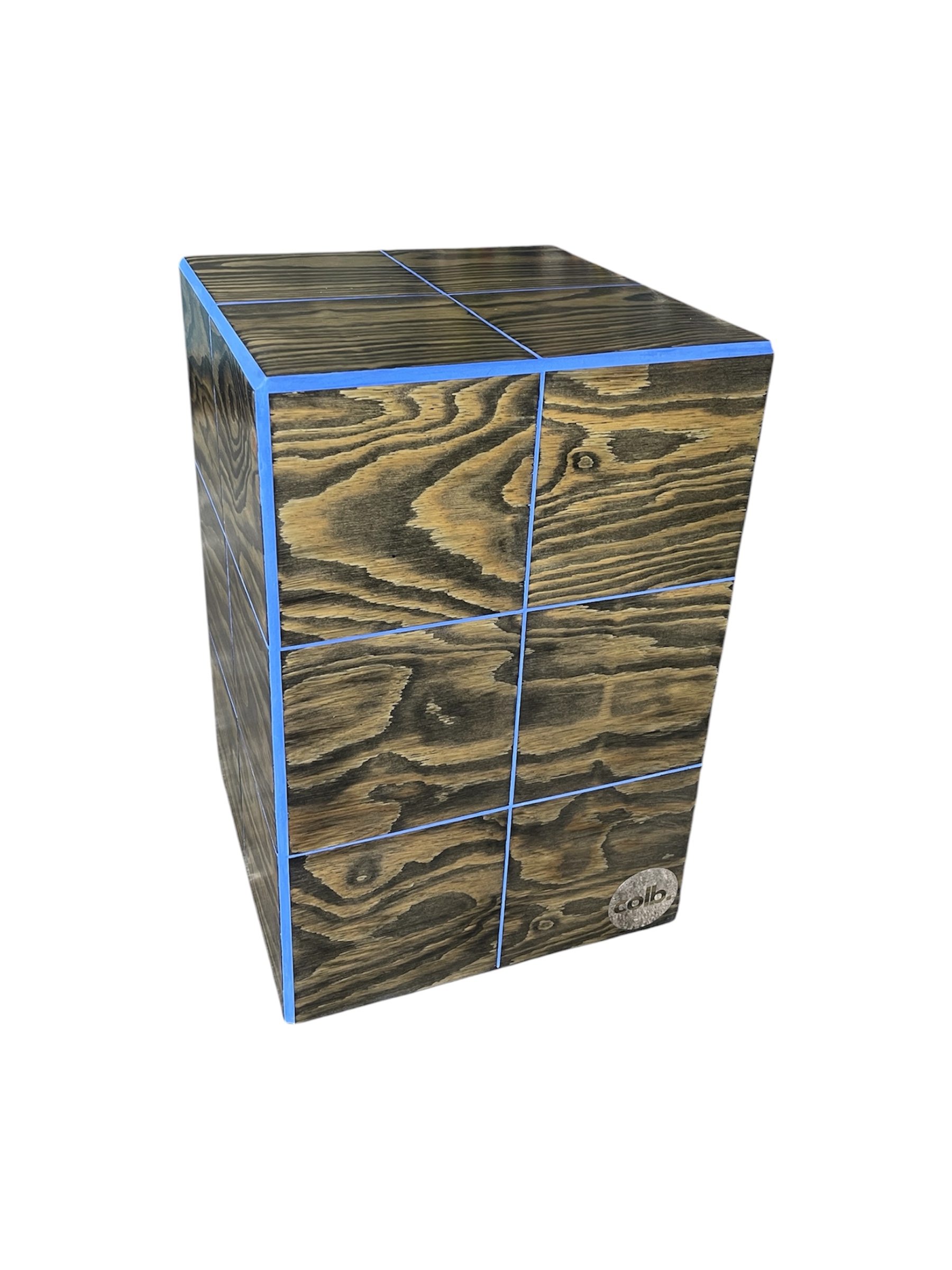 COLB Cube 45 Holz Olivgrün-Blau – Holzfliesen-Beistelltisch mit blauer Fuge, handgefertigt in Berlin